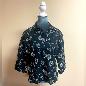 Talbots Irish Linen 3/4 Sleeve Black and White Blouse